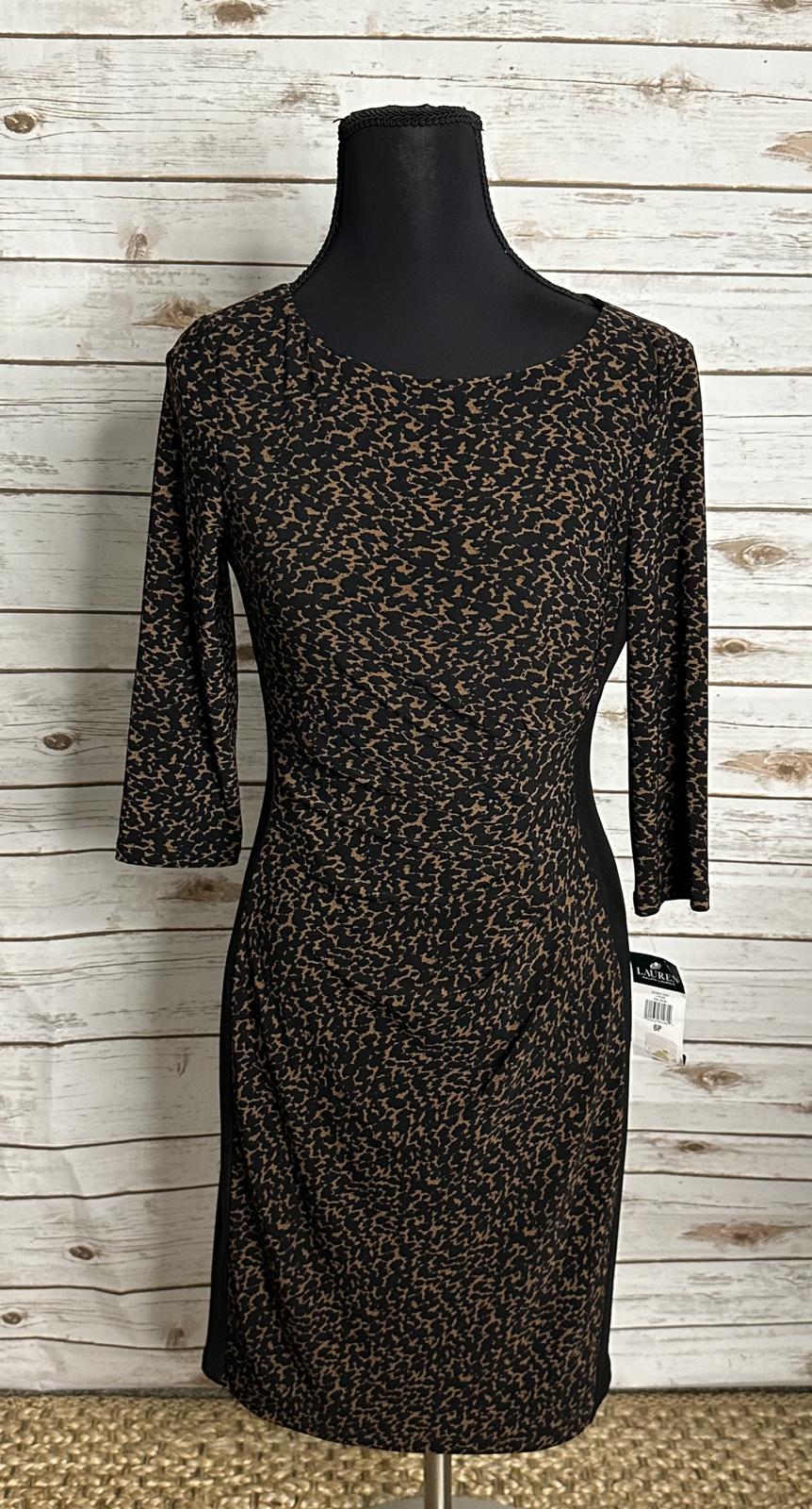 Lauren Ralph Lauren mob wife black/brown leopard print midi sheath dress Size 6P