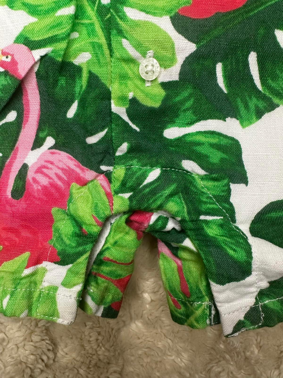 Janie & Jack bright tropical flamingo linen romper Size 18-24 months