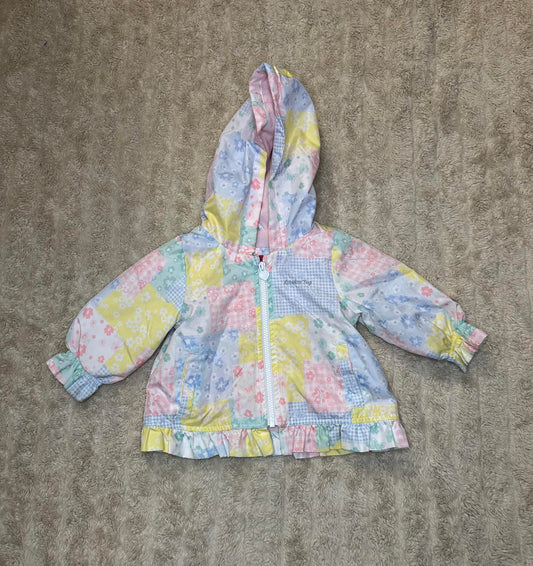 London Fog multicolored patchwork zip front ruffled hooded raincoat Size 12M