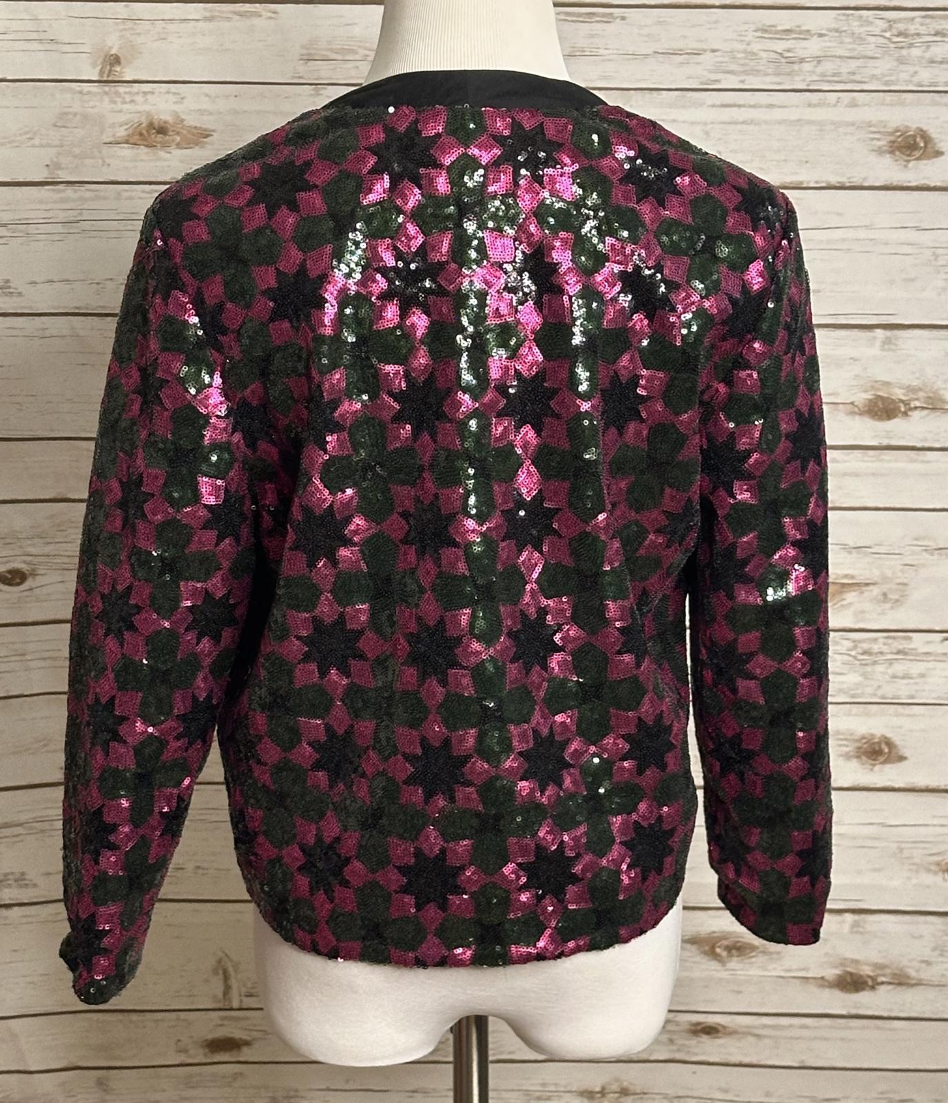 ASOS fuchsia/green geometric sequin open tuxedo jacket Size 8