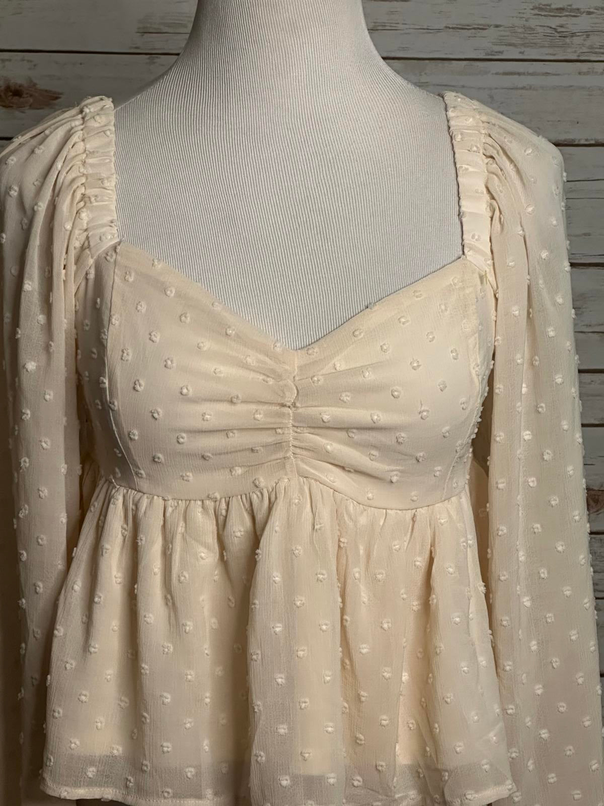 She+Sky ivory Y2K coquette floral swiss/polka-dot babydoll blouse Size Small
