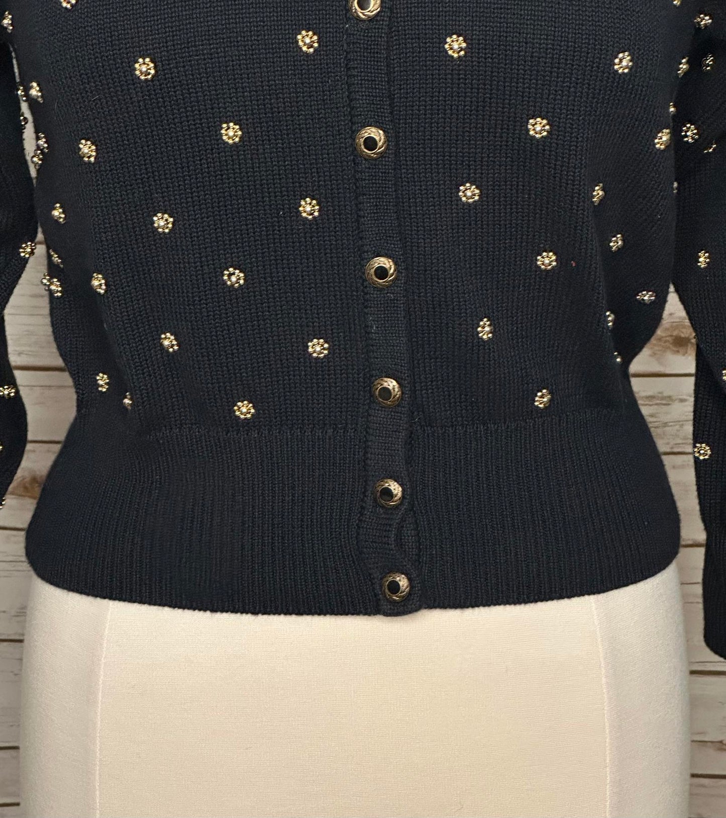 Vtg Marissa Christina Classic navy blue gold beading cardigan sweater Size Large