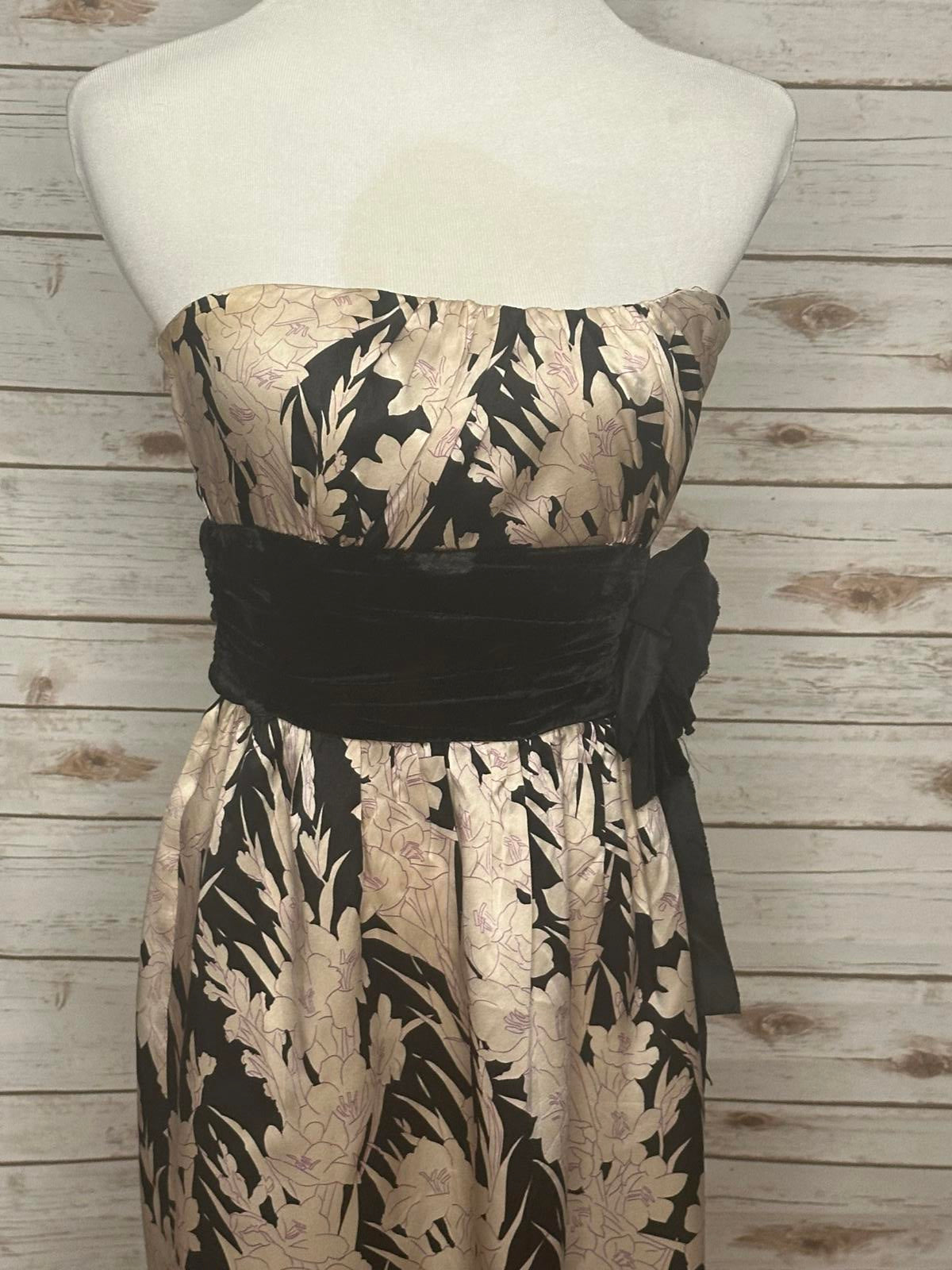 Tracy Reese black/cream floral classic whimisigoth strapless silk dress Size 4