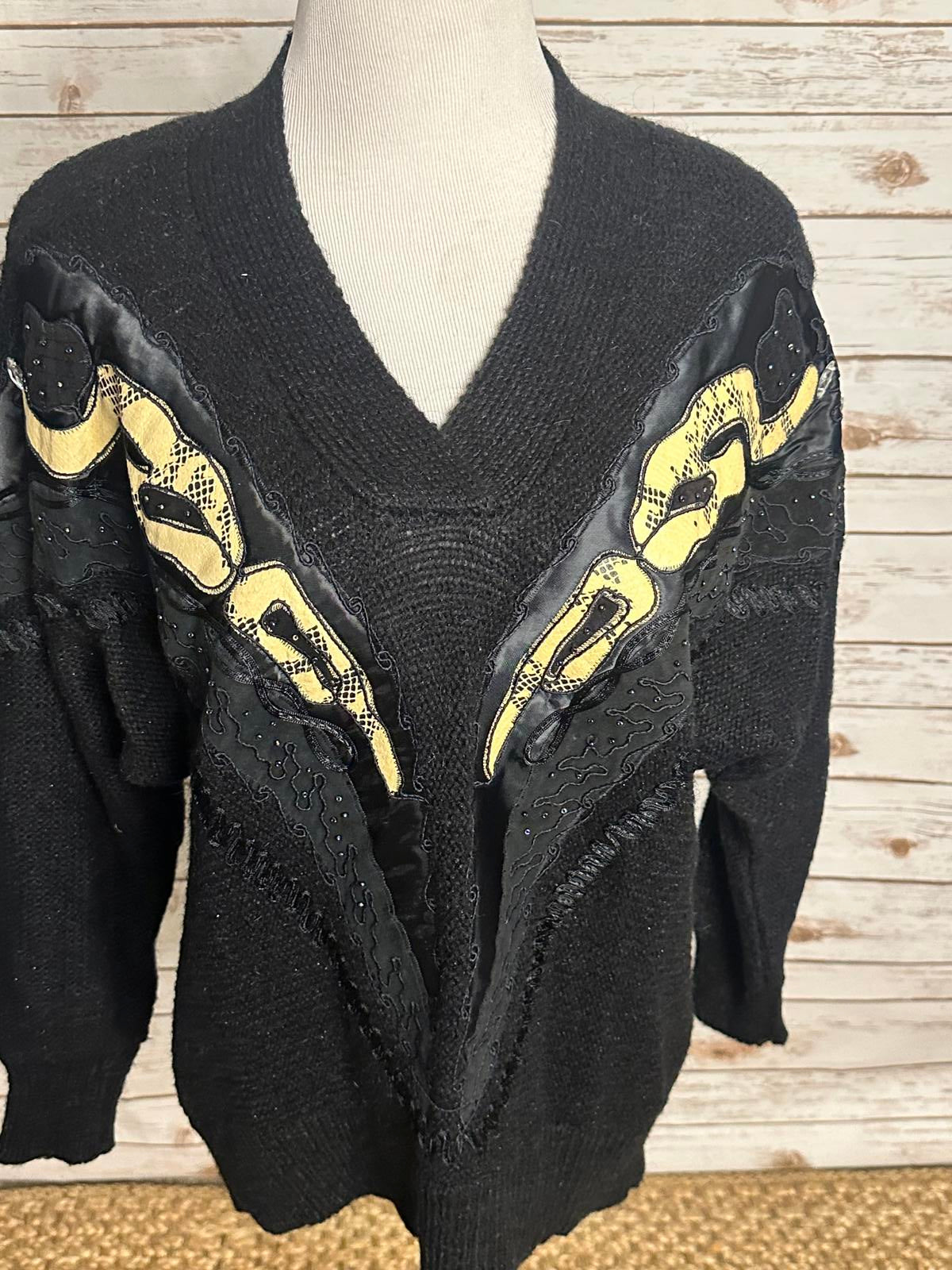 Vintage susann d mixed pattern embroidered V-neck wool-blend sweater Size Medium