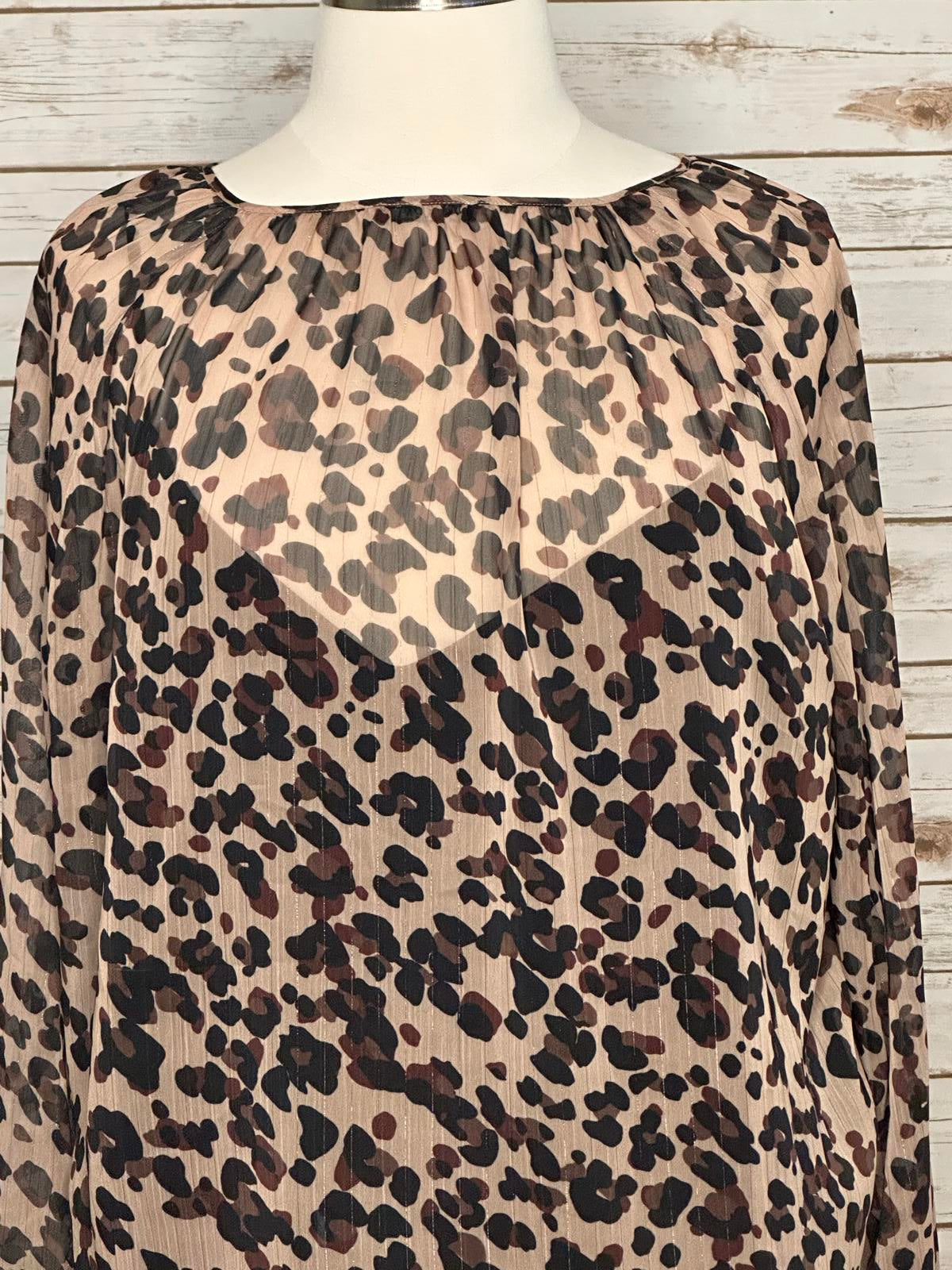 NYDJ sheer leopard -print split neck peasant blouse Size 2X