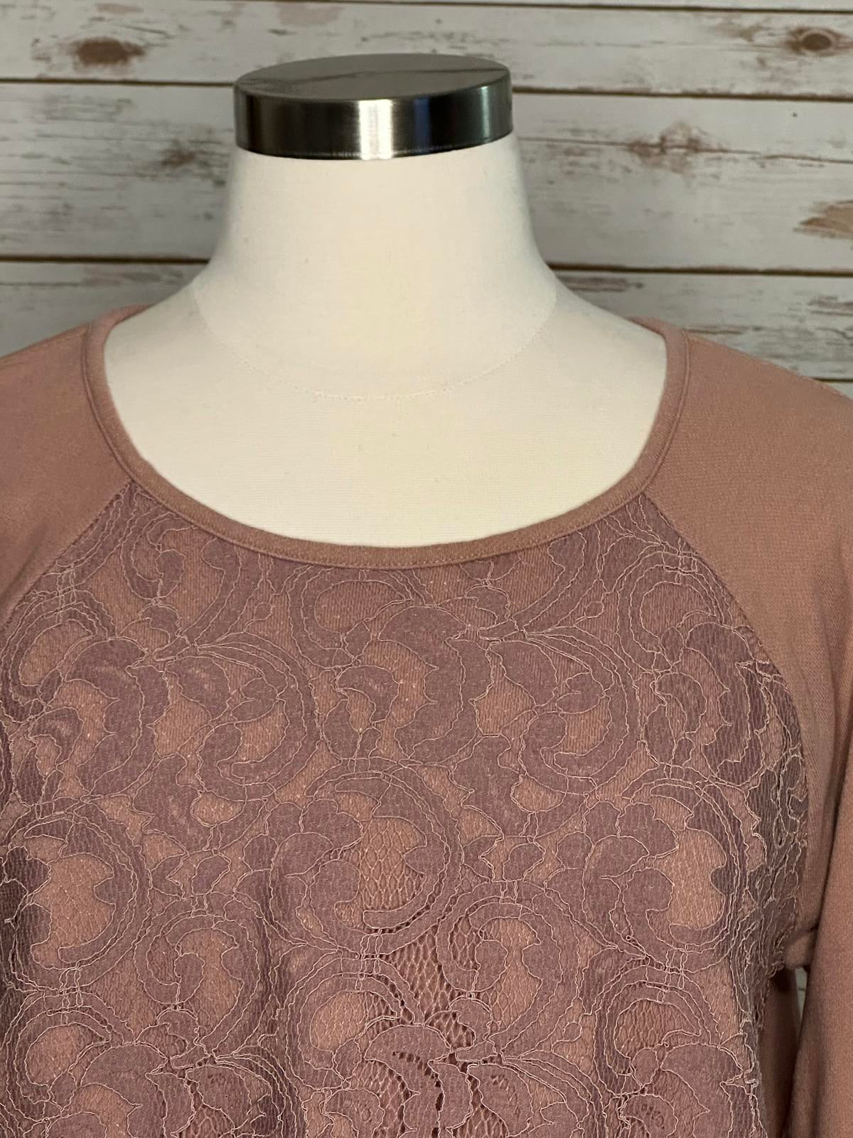 LOFT mauve cotton lace overlay fleece top Size XL