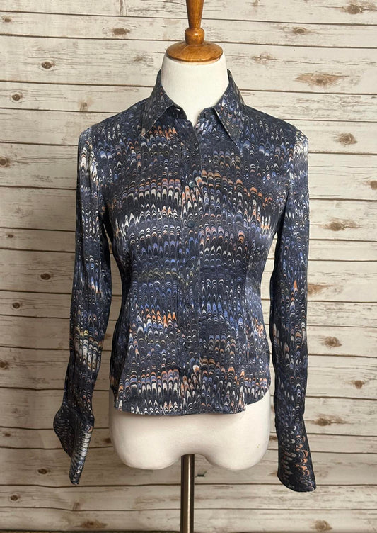 Lafayette 148 New York navy/multicolored long sleeve silk button-up shirt Size 4