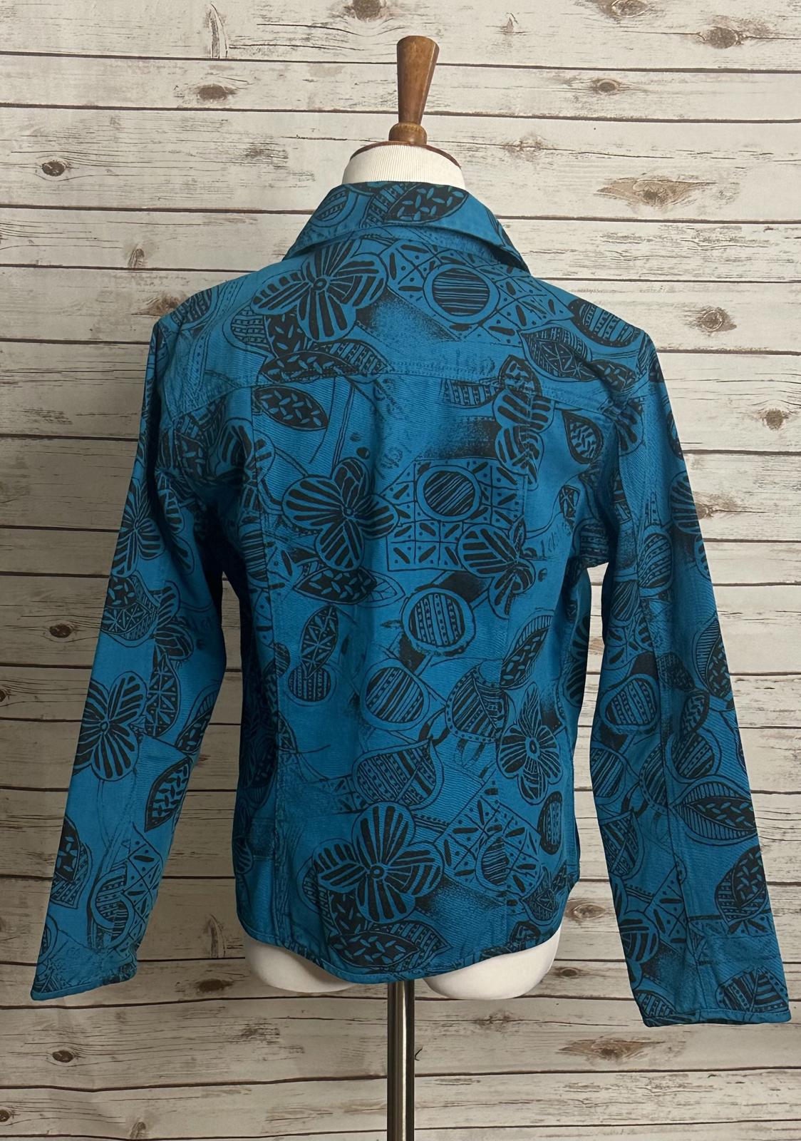 Chico's teal/black artsy tribal floral cotton denim jacket Size 1/Med/8