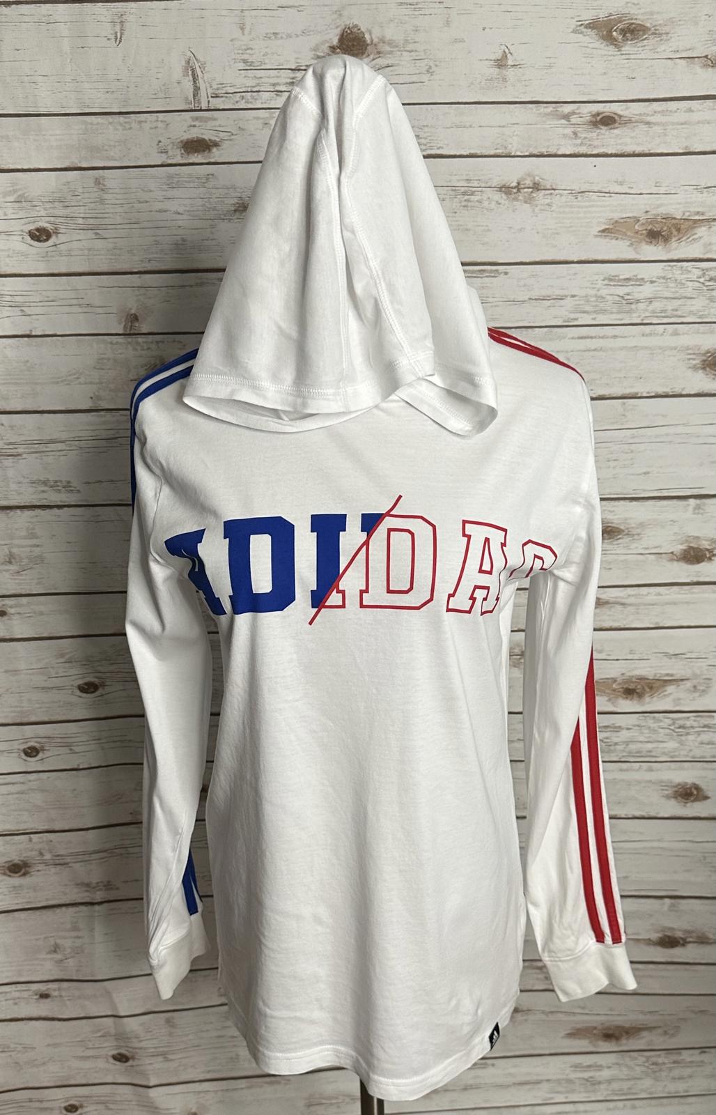 Adidas white cotton graphic print hooded long sleeve t-shirt Size L (14-16)