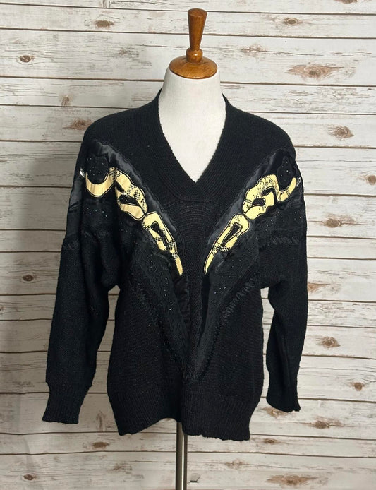 Vintage susann d mixed pattern embroidered V-neck wool-blend sweater Size Medium
