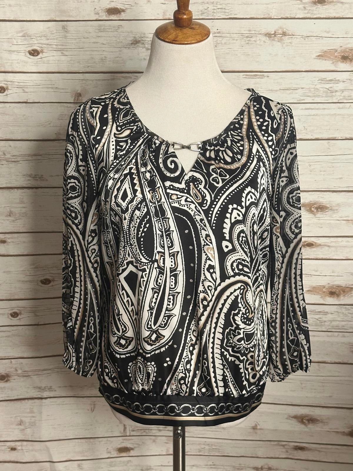 White House Black Market boho chic black/white satin peasant blouse Size 12