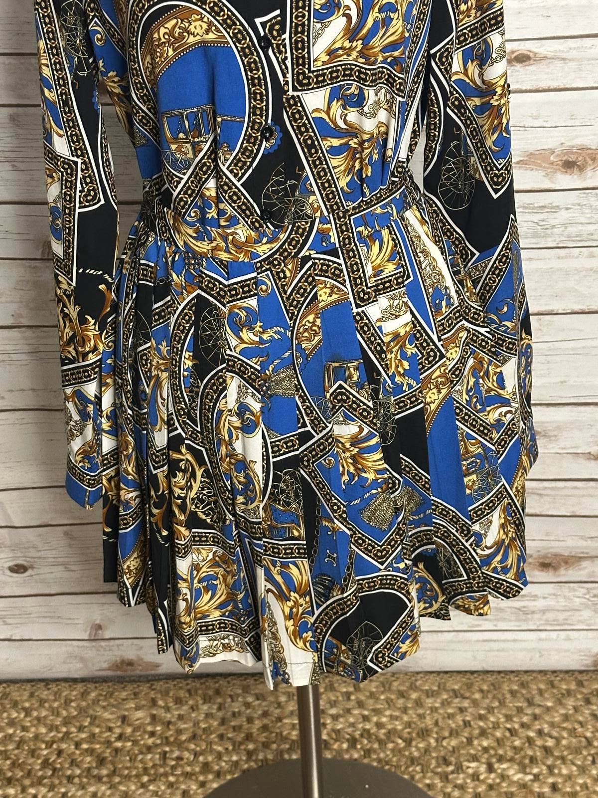 Fashion Nova baroque-style long sleeve button-up shirt/pleated skirt set Size S