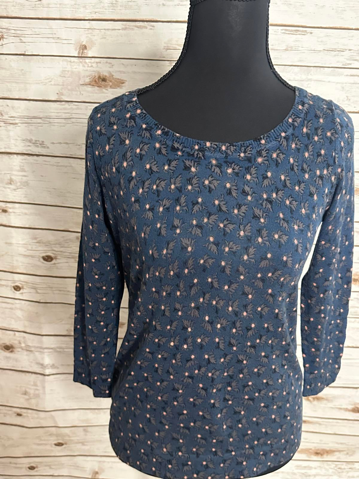 LOFT Petite blue floral cotton crew neck 3/4 length sleeve knit sweater Size XSP