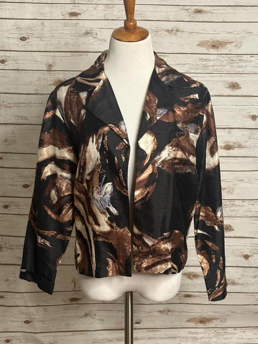 Chico's artsy black and brown watercolor floral silk open jacket Size 1/Med/8