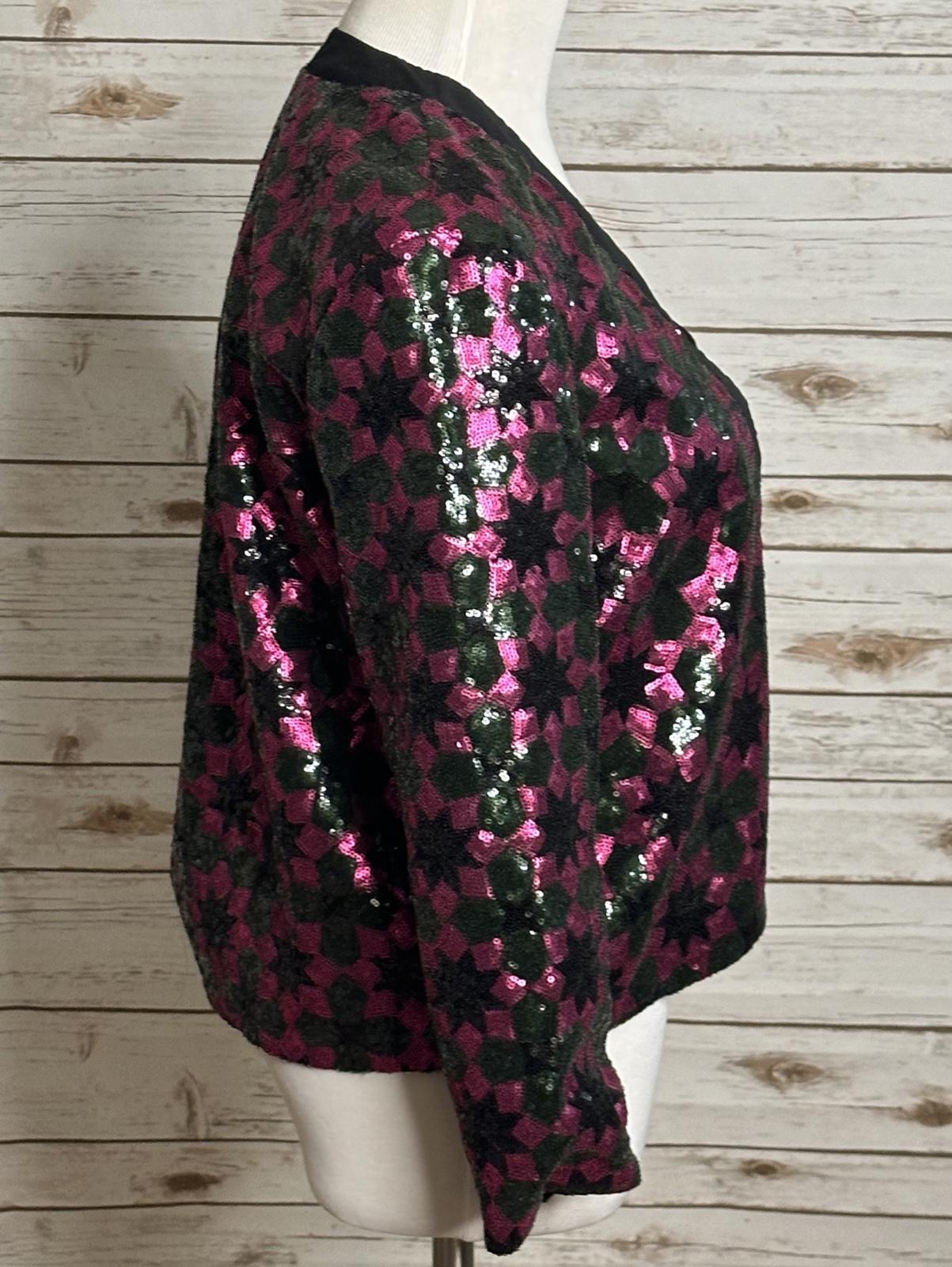 ASOS fuchsia/green geometric sequin open tuxedo jacket Size 8