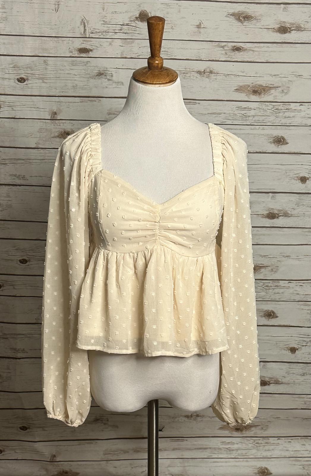 She+Sky ivory Y2K coquette floral swiss/polka-dot babydoll blouse Size Small