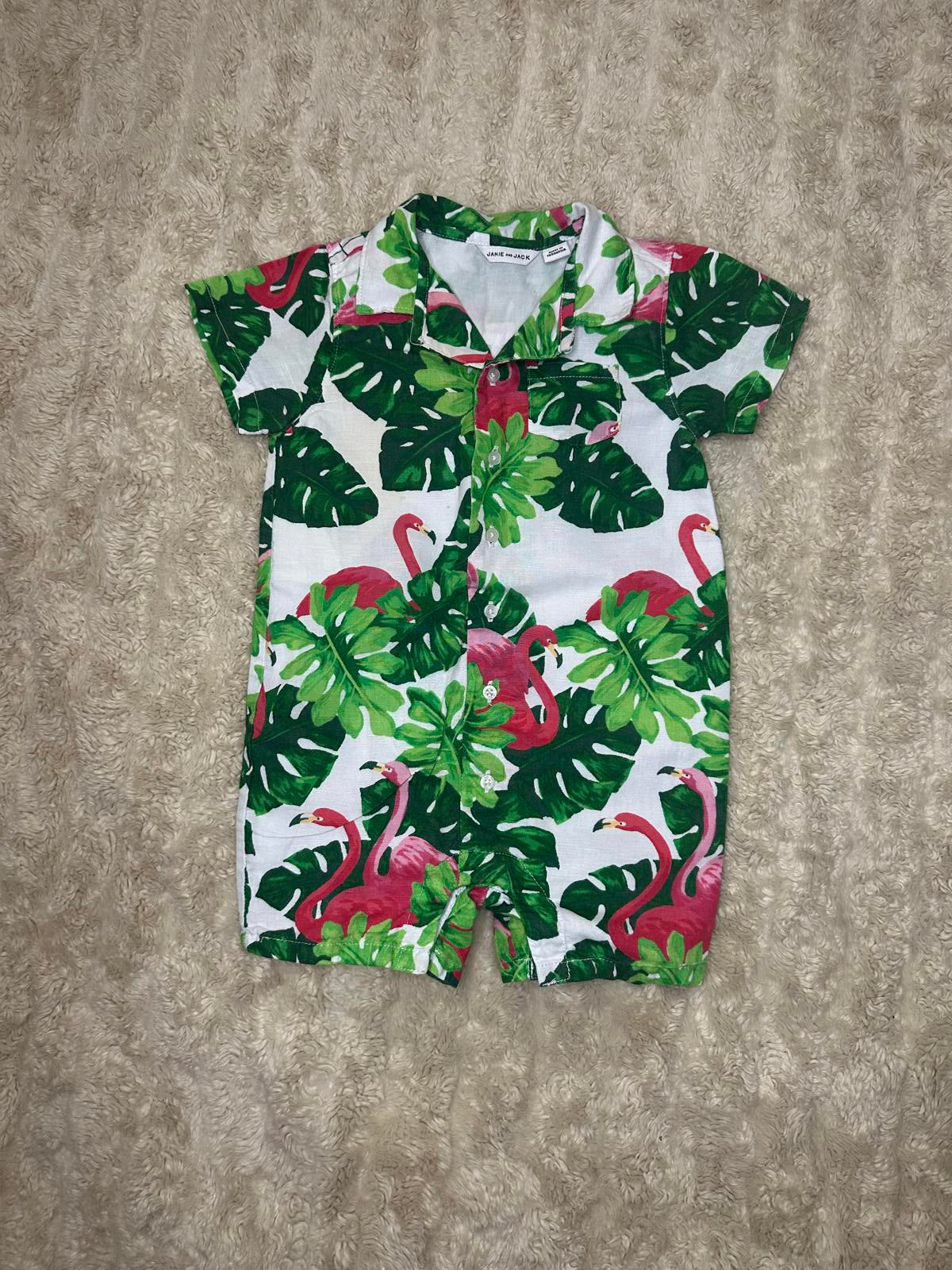 Janie & Jack bright tropical flamingo linen romper Size 18-24 months