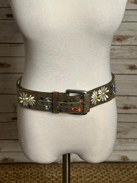Brown w/ multicolored embroidered floral bohemian suede wide belt Size Large