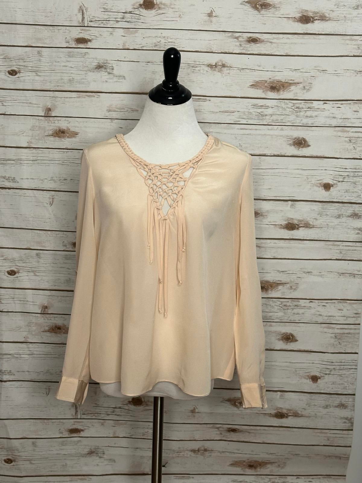 Rebecca Taylor blush open back braided tassel neckline silk blouse Size 6