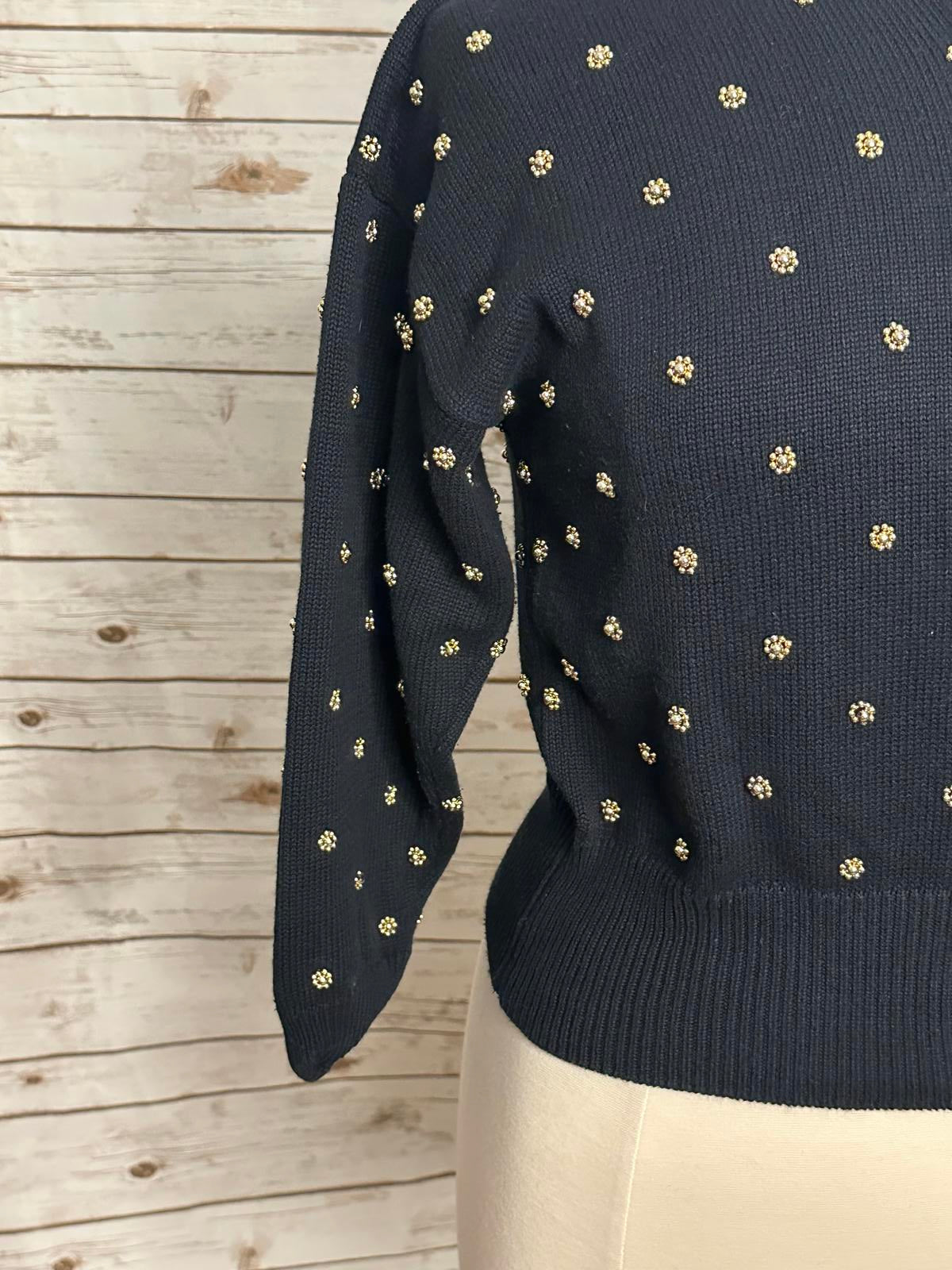 Vtg Marissa Christina Classic navy blue gold beading cardigan sweater Size Large