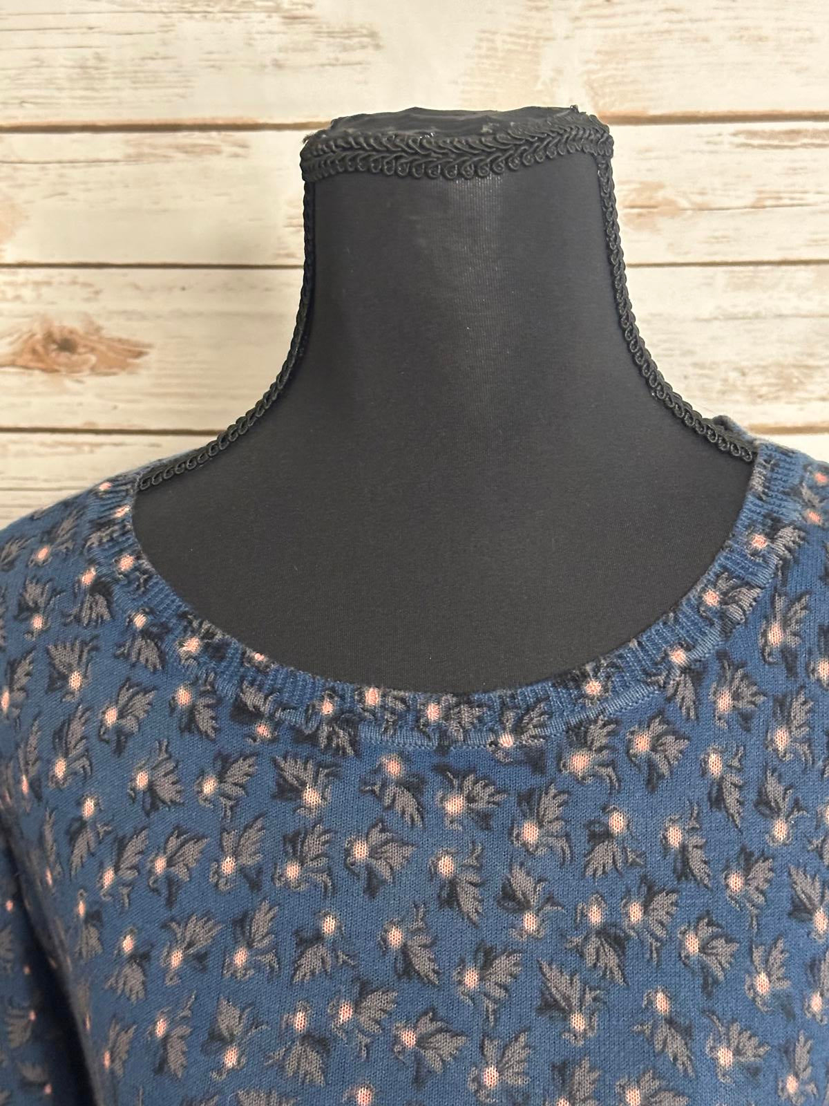 LOFT Petite blue floral cotton crew neck 3/4 length sleeve knit sweater Size XSP