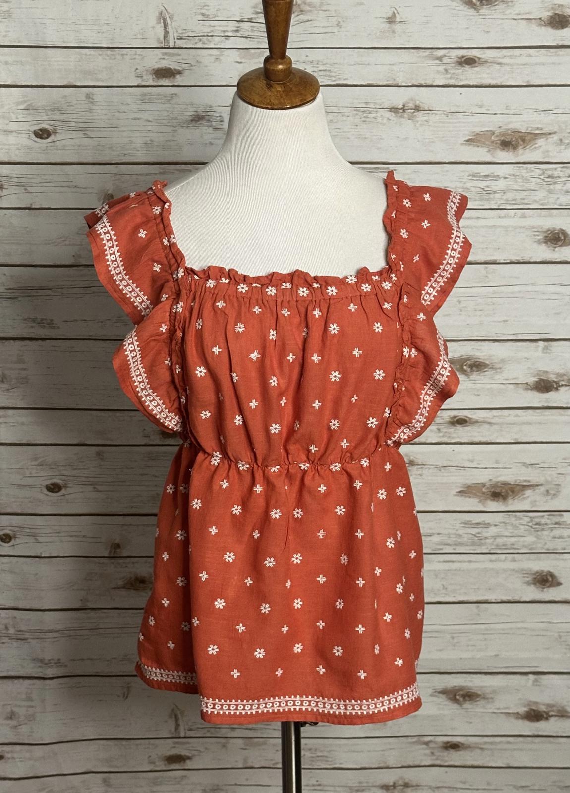 Old Navy cotton/linen ruffled embroidered floral smocked babydoll top Size Large