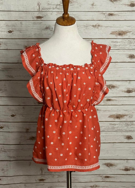 Old Navy cotton/linen ruffled embroidered floral smocked babydoll top Size Large