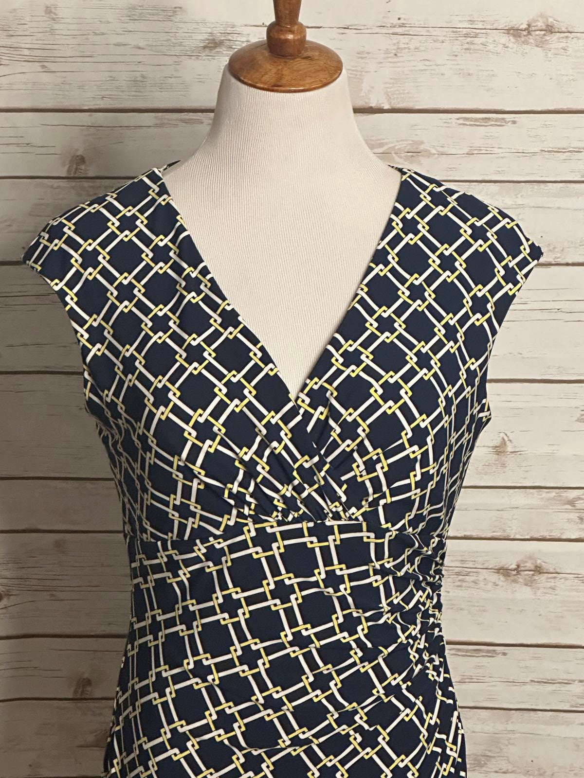 Lauren Ralph Lauren navy/yellow/white ruched faux wrap sheath dress Size 10