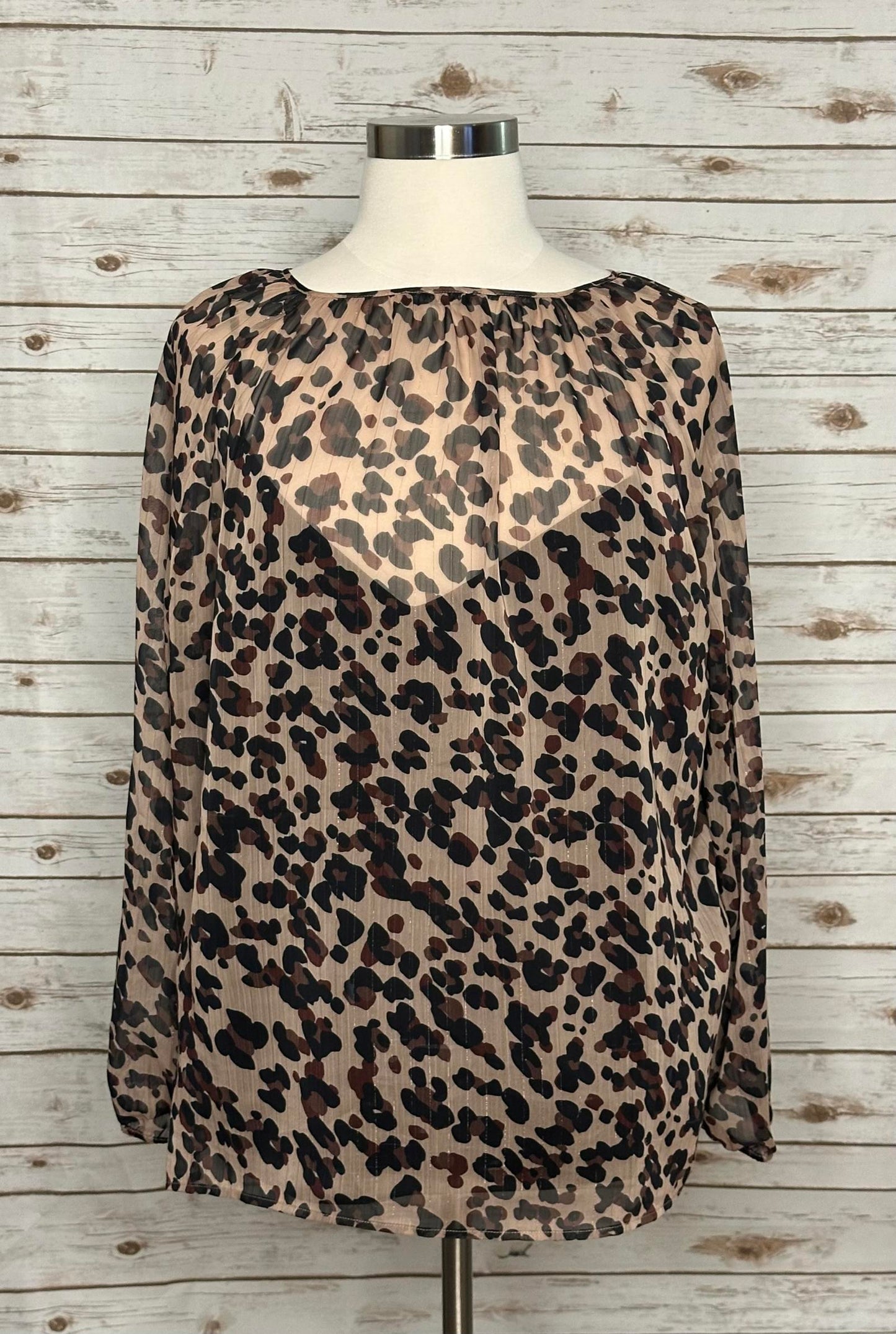 NYDJ sheer leopard -print split neck peasant blouse Size 2X