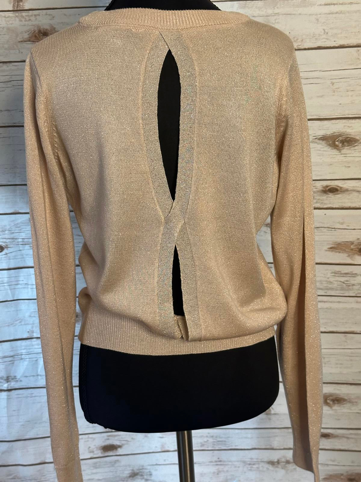 ModCloth pink/peach metallic crew neck long sleeve back cutout sweater Size S