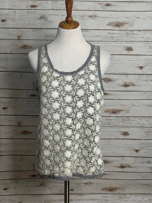 J.Crew coquette cottagecore gray w/white floral lace overlay tank top Size Large