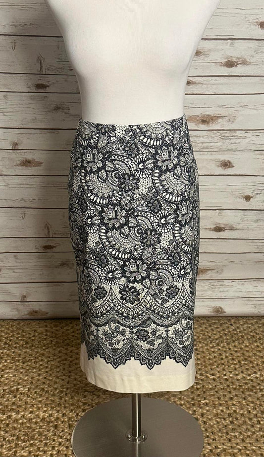 Talbots office siren cotton cream/black floral and paisley pencil skirt Size 12