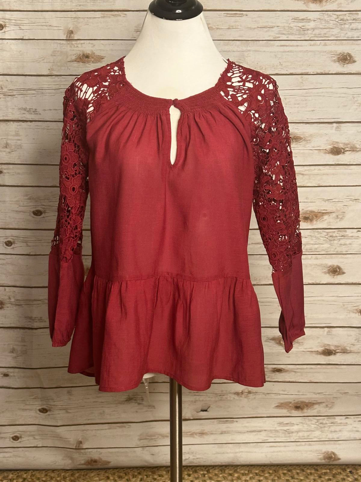 Sanctuary Gwen boho burgundy floral lace eyelet peplum peasant shirt Size S