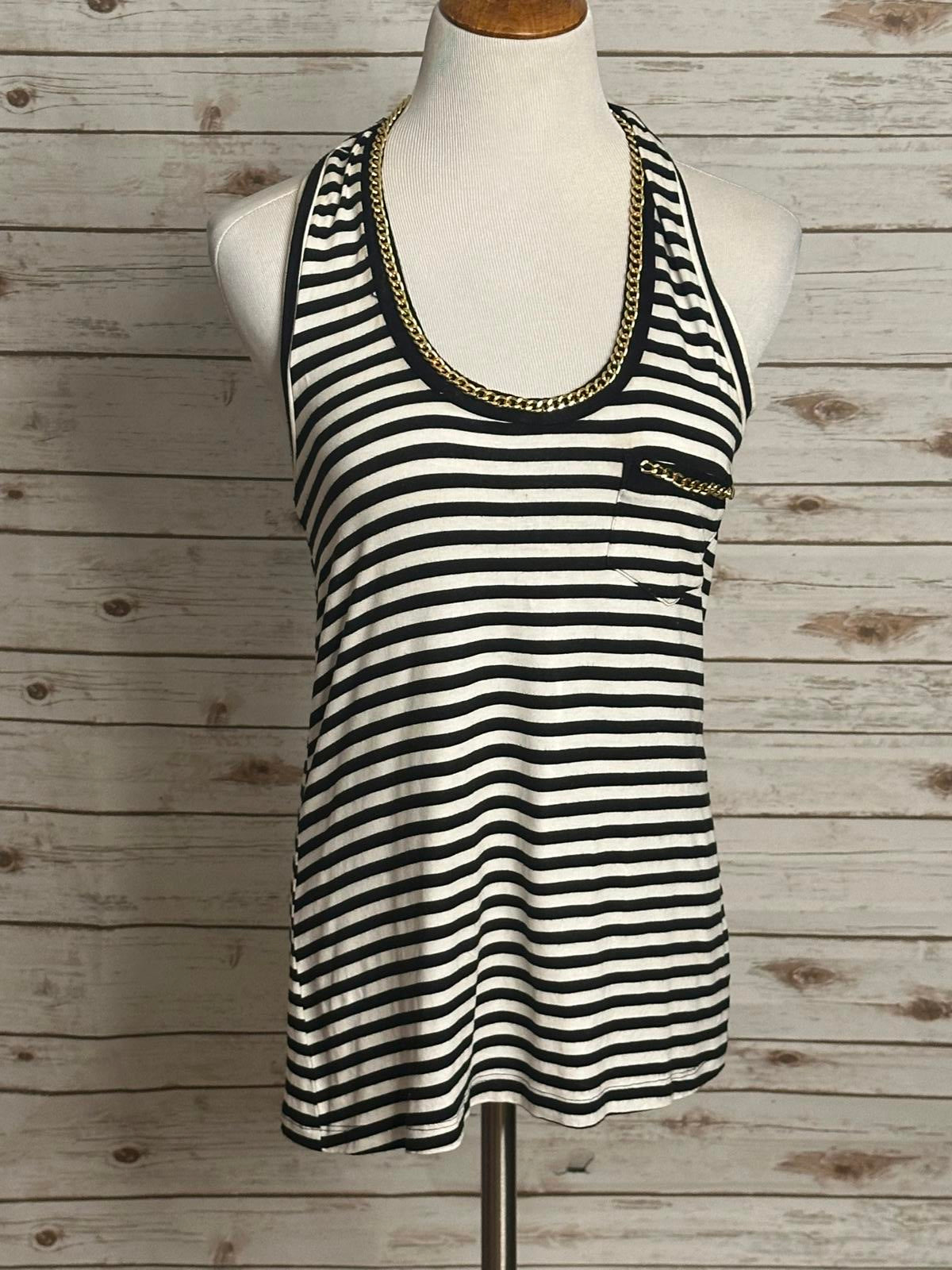 Vintage Cache black/white striped w/ gold chain detail racerback tank top Size M