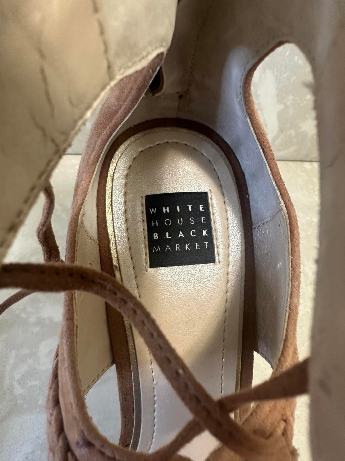 White House Black Market Serenity tan suede lace-up ankle heel sandals Size 8M