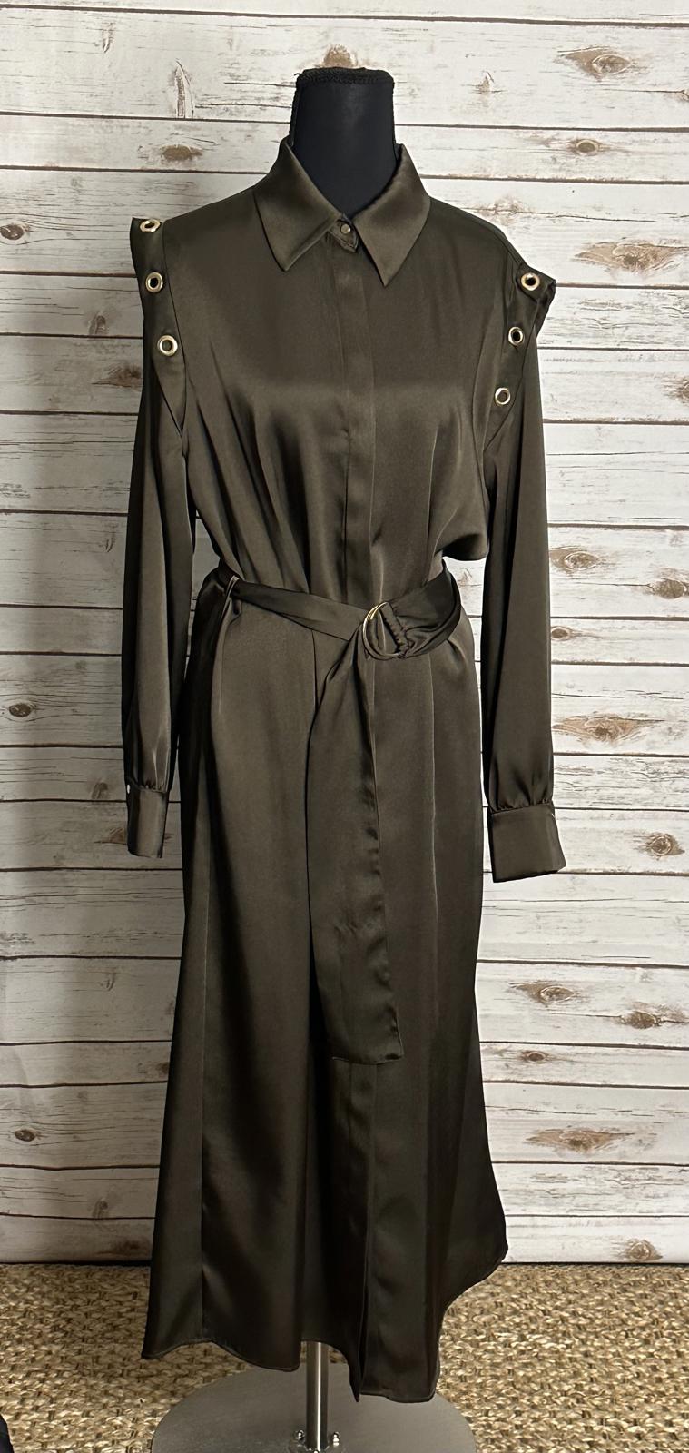 Zara olive green satin grommet detail belted Ring Trim maxi shirtdress Size M