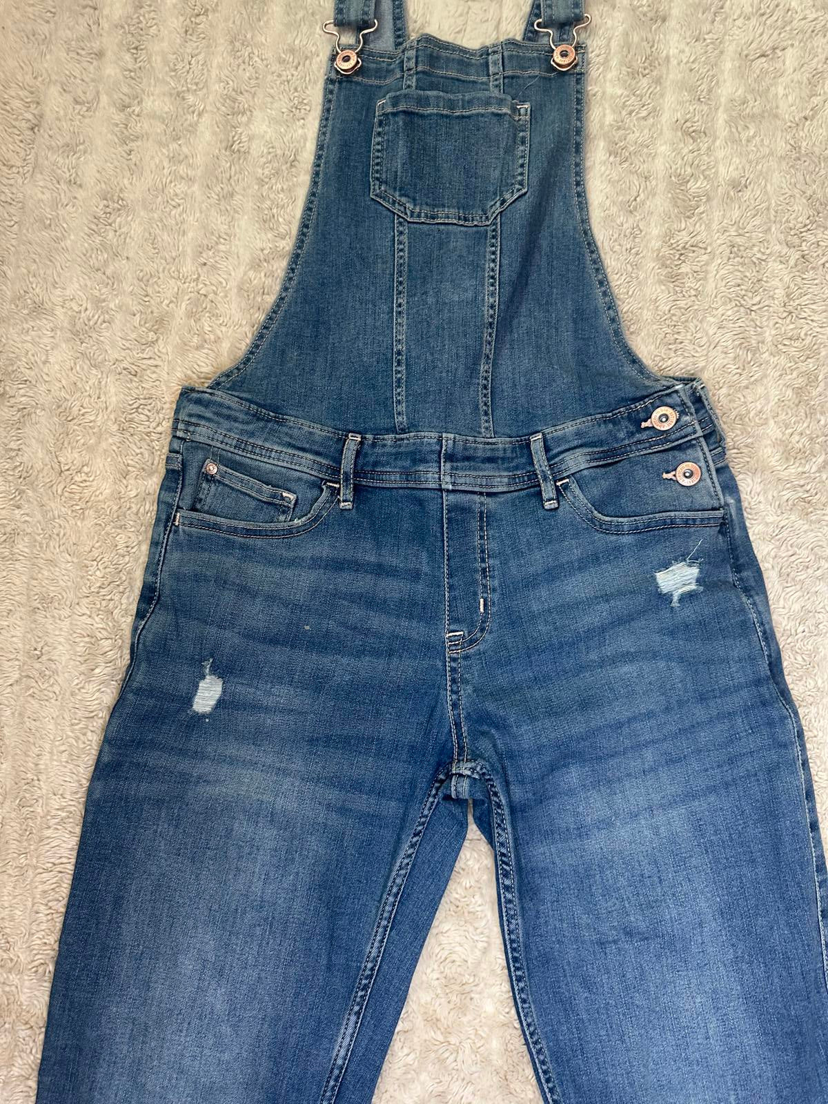 Abercrombie Kids medium wash distressed bib-style denim overalls Size 15/16