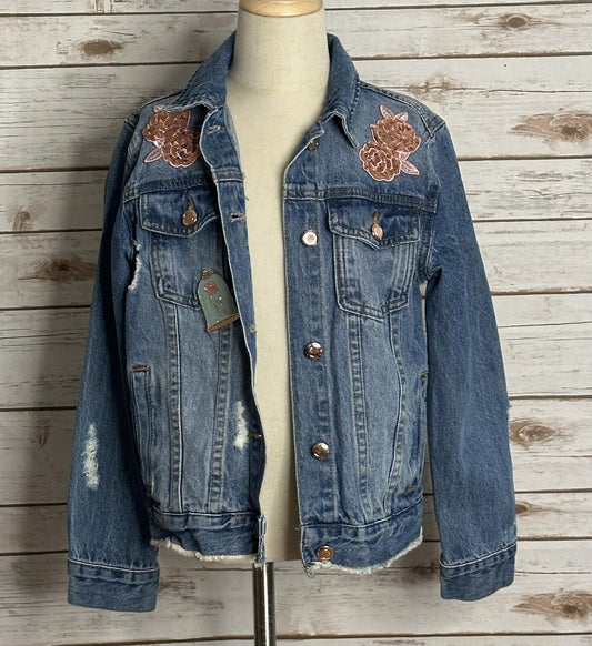 Disney distressed jean jacket Size 7/8 denim medium wash sequin embroidered