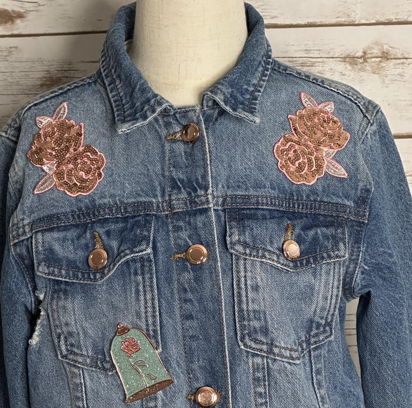 Disney distressed jean jacket Size 7/8 denim medium wash sequin embroidered