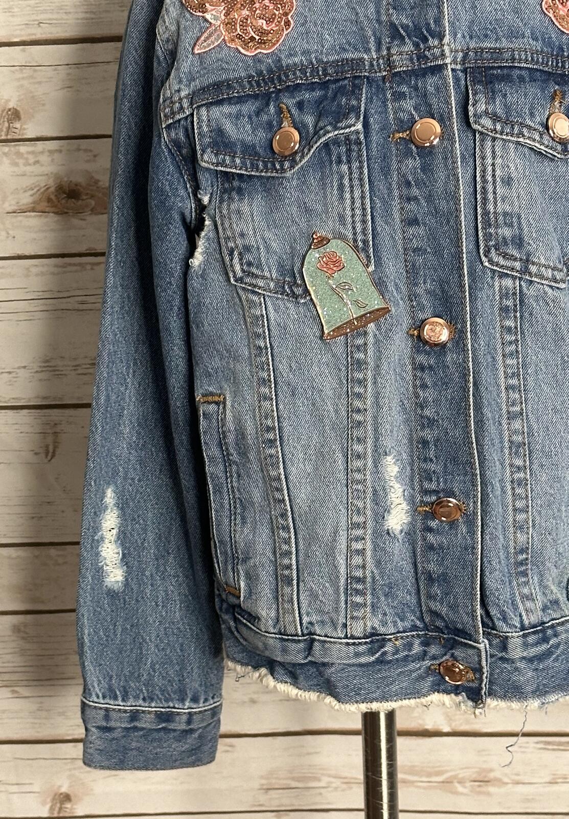 Disney distressed jean jacket Size 7/8 denim medium wash sequin embroidered