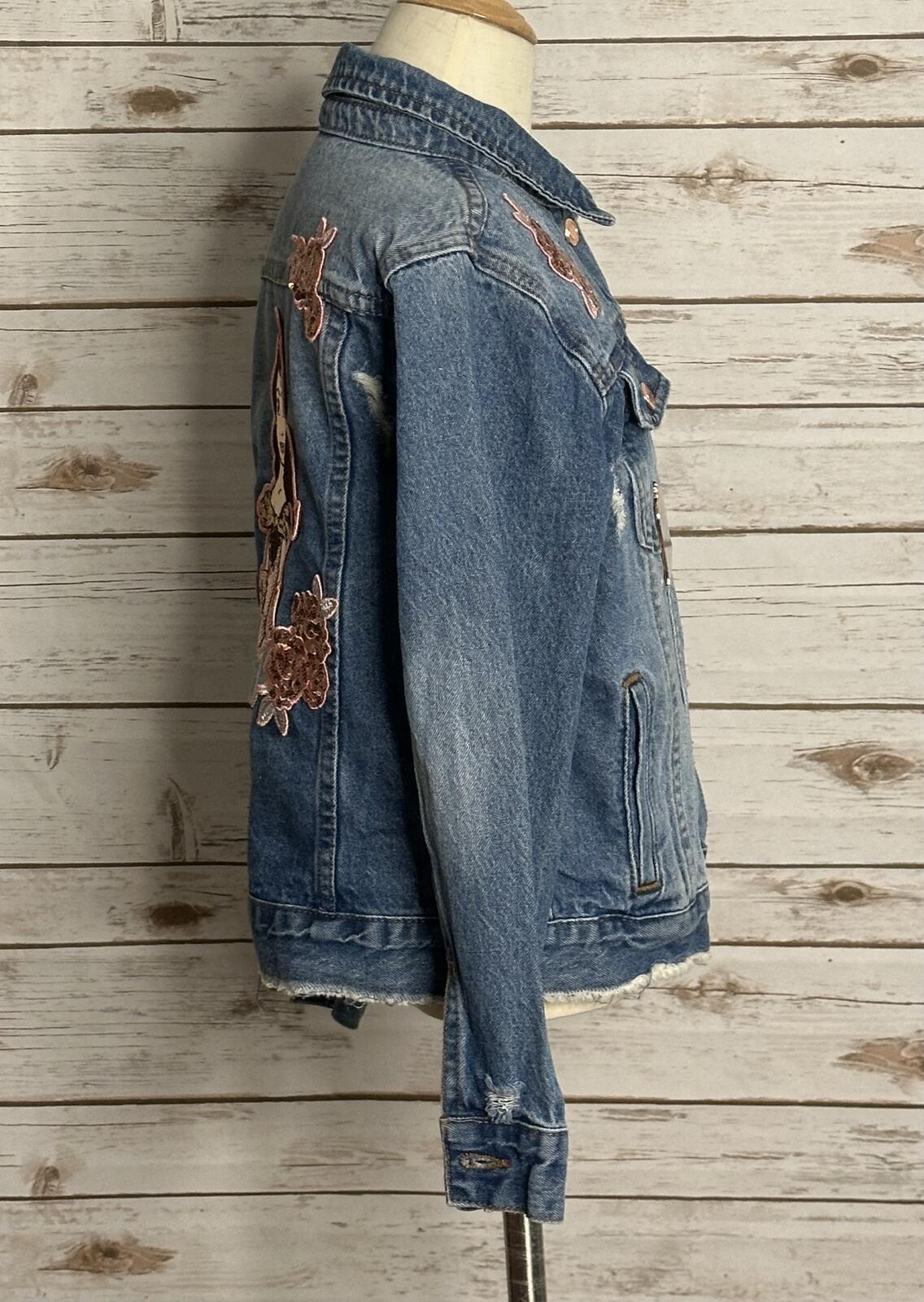 Disney distressed jean jacket Size 7/8 denim medium wash sequin embroidered