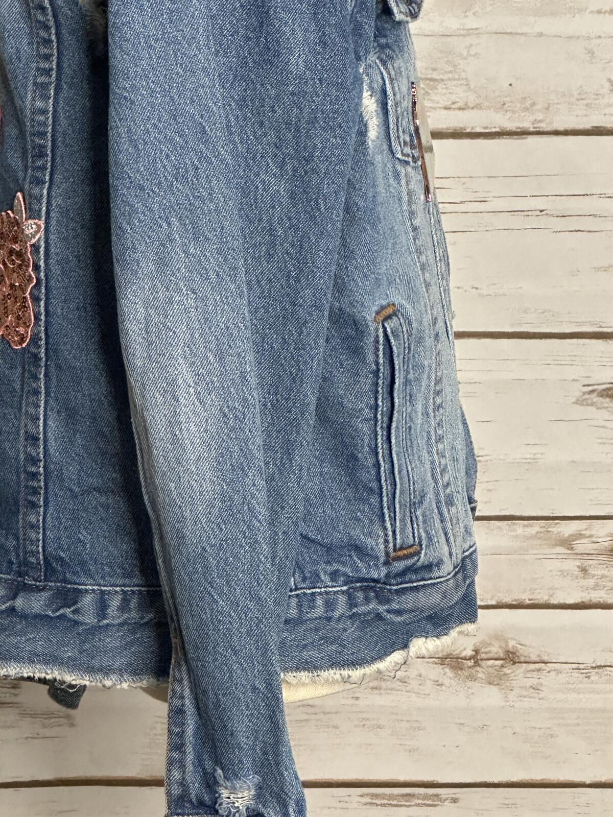 Disney distressed jean jacket Size 7/8 denim medium wash sequin embroidered