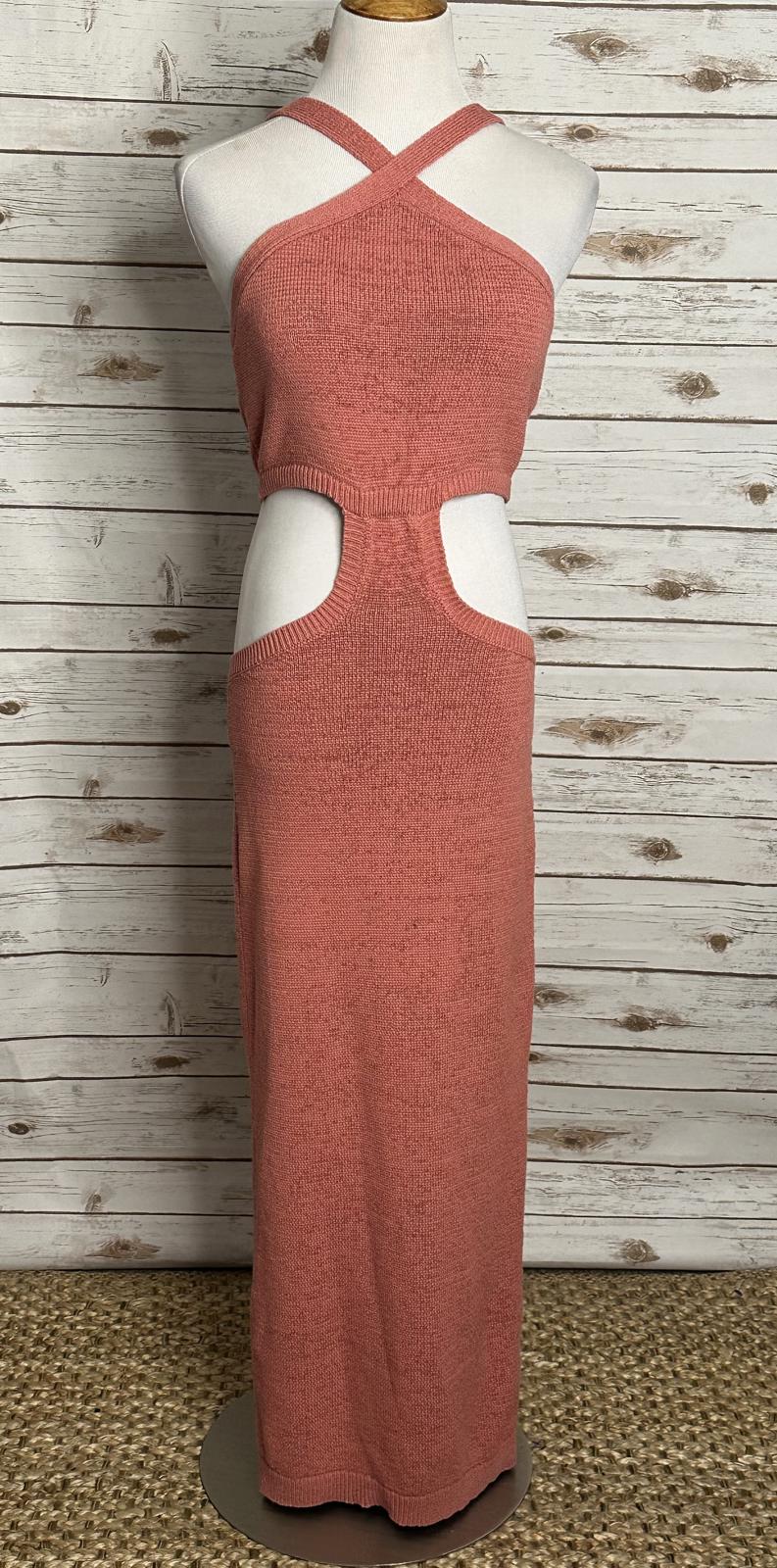 Express vacation resort coral knit cutout halter bodycon maxi dress Medium