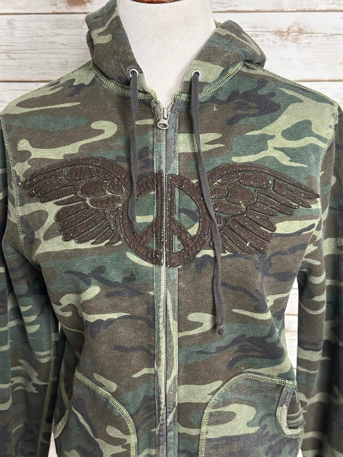Vintage Lucky Brand military camo embroidered peace sign full zip hoodie Medium