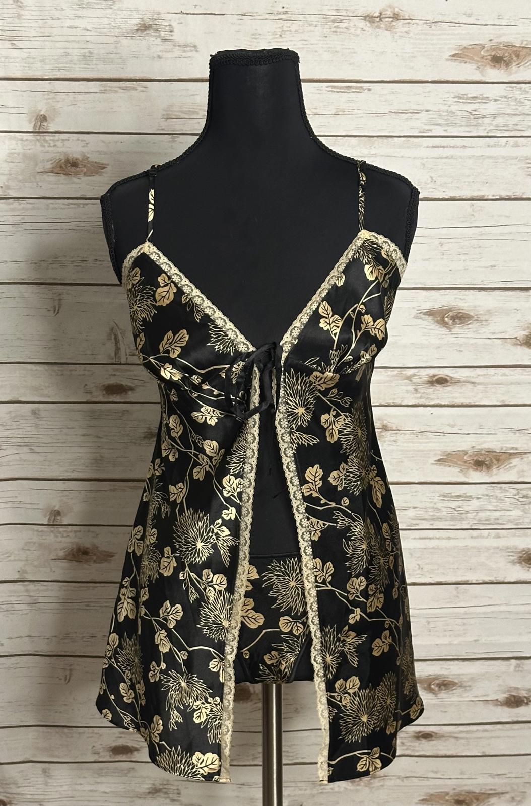 Vintage Victoria's Secret black/gold floral lace-trim satin matching set Small