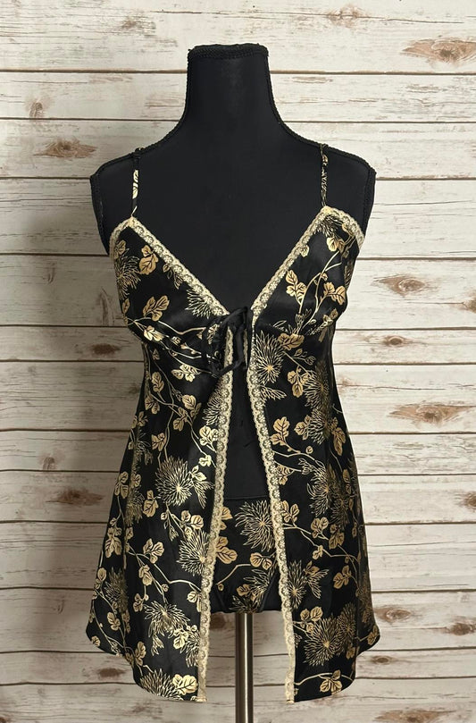 Vintage Victoria's Secret black/gold floral lace-trim satin matching set Small