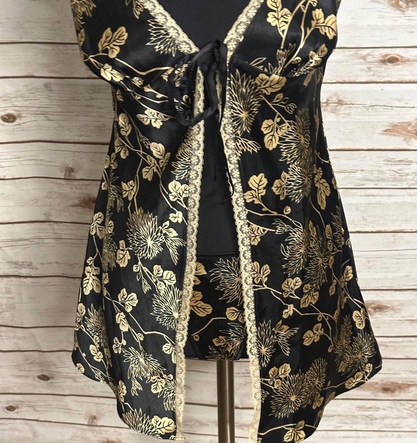 Vintage Victoria's Secret black/gold floral lace-trim satin matching set Small