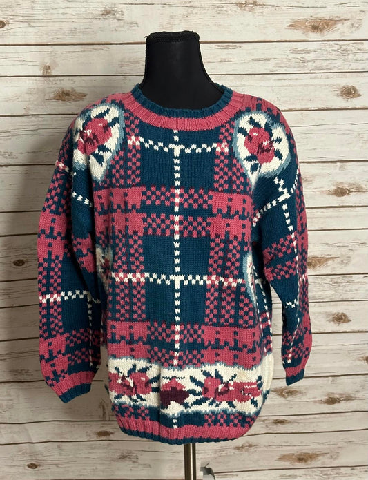 Vintage Paris Sport Club Hand Knit ramie/cotton floral plaid sweater Size Small