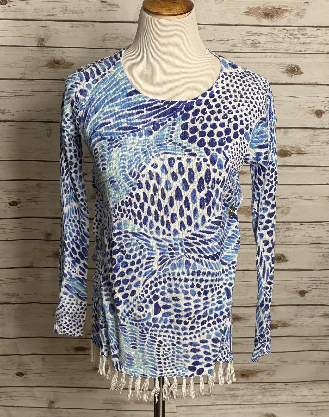 Lilly Pulitzer coastal Ramona Blue Tang Gang fringe hem pullover sweater Size M