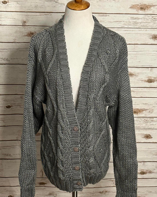 Vintage Visions grey V-neck chunky hand/cable-knit cardigan sweater Size M/L